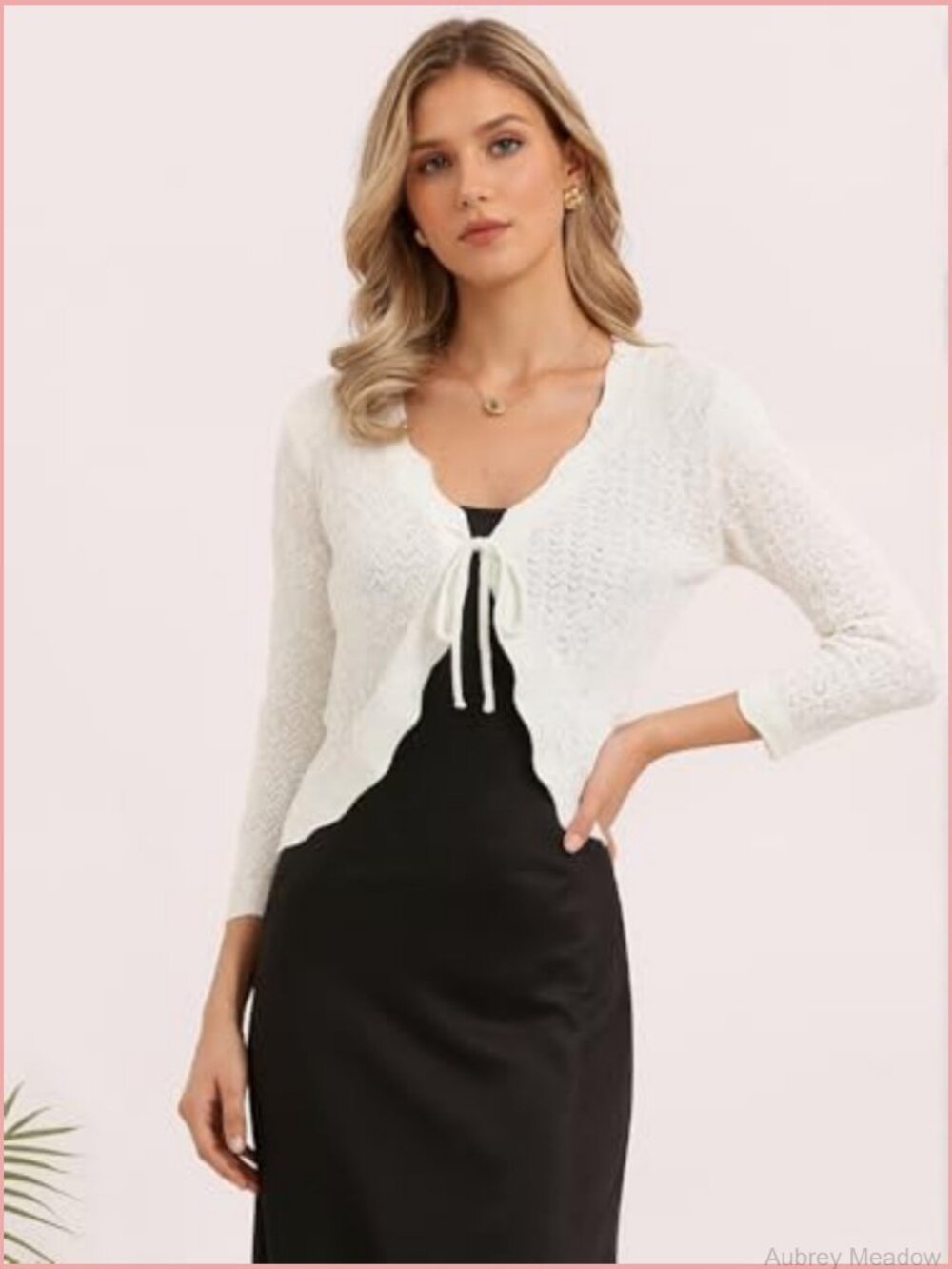 Crochet Tie Front Cardigan Bolero Shrug 3/4 Sleeve - Picture 3 of 7
